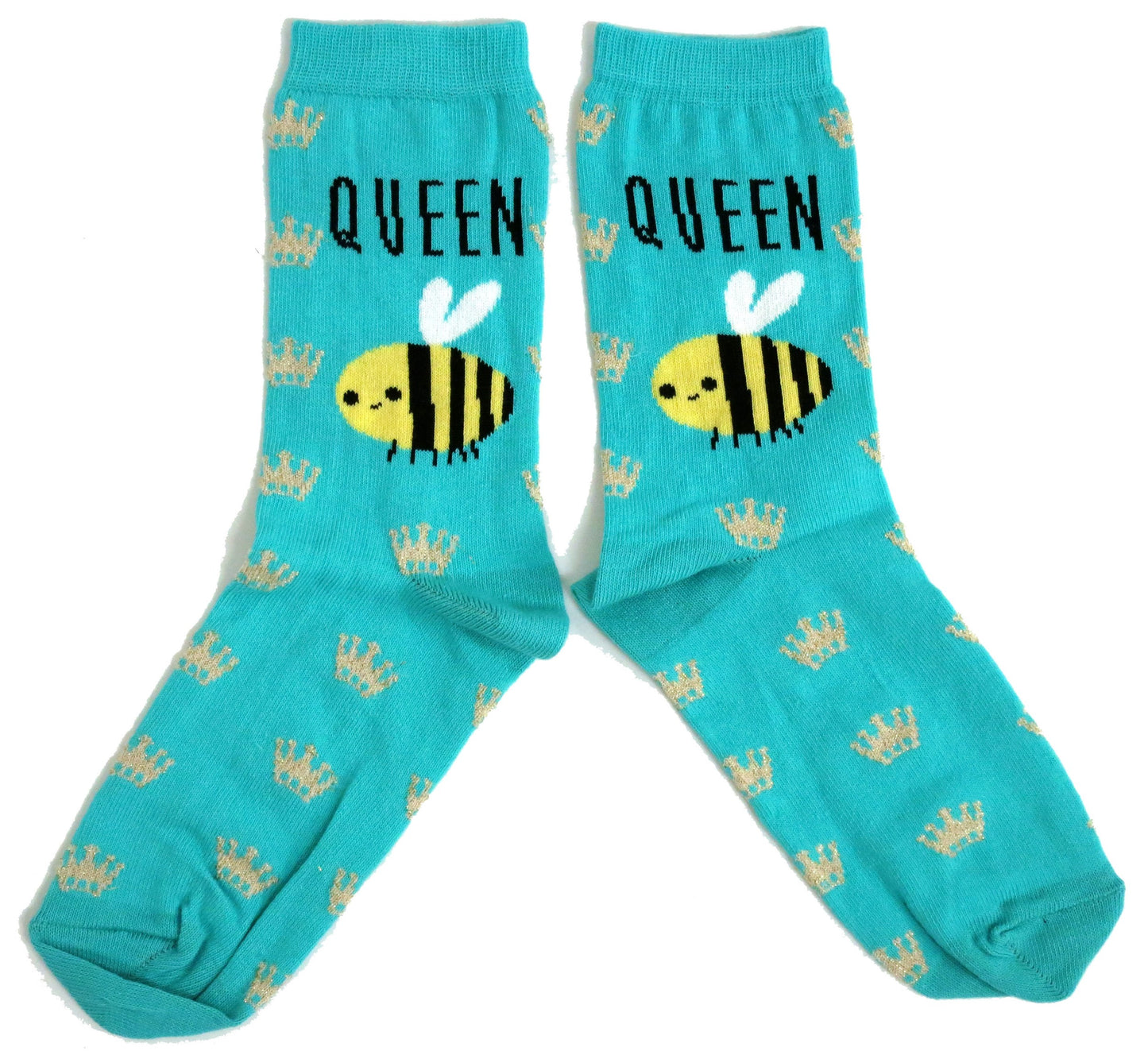 Queen Bee Cartoon Apiarist And Sparkle Crowns Pattern Ladies Green Socks