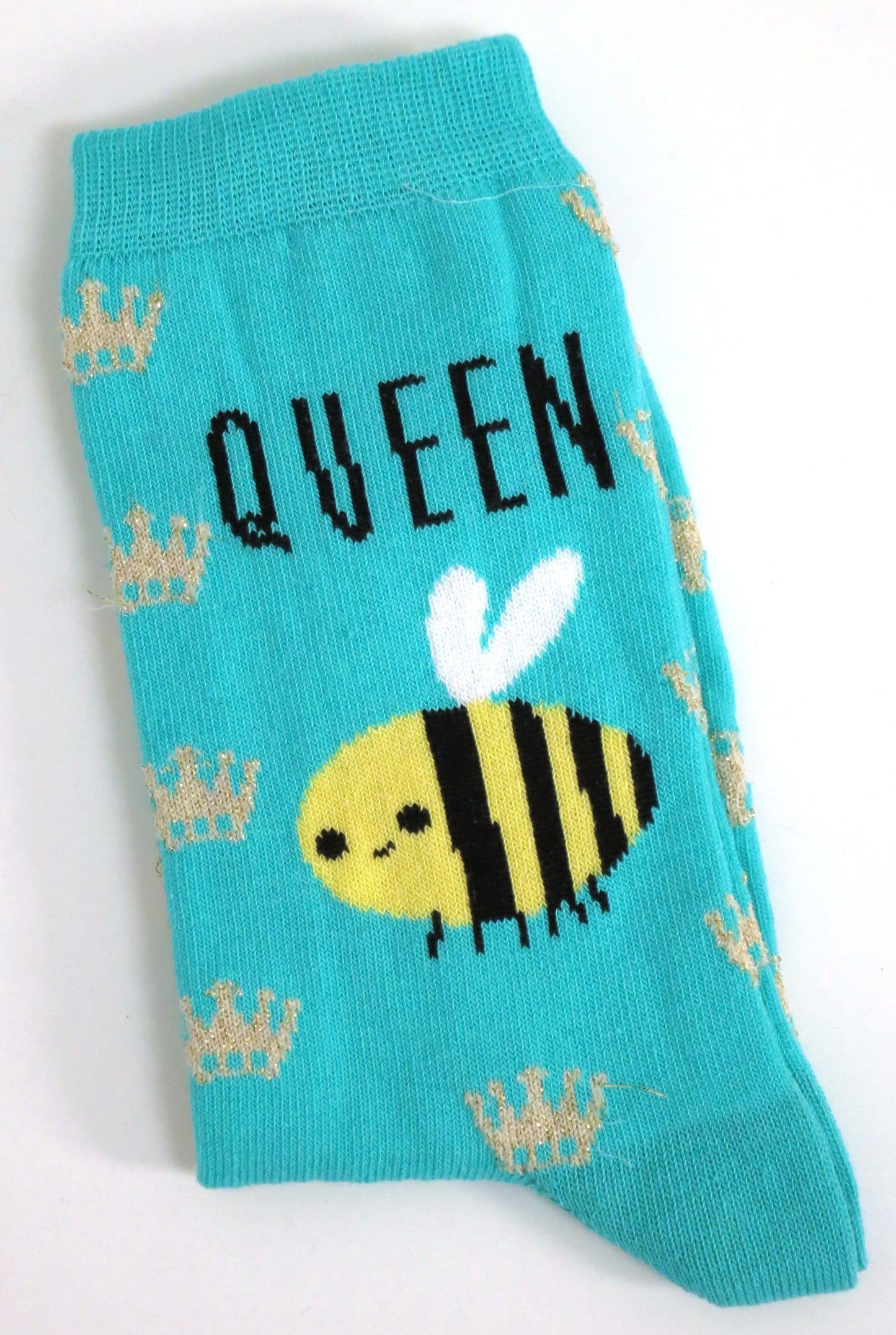 Queen Bee Cartoon Apiarist And Sparkle Crowns Pattern Ladies Green Socks