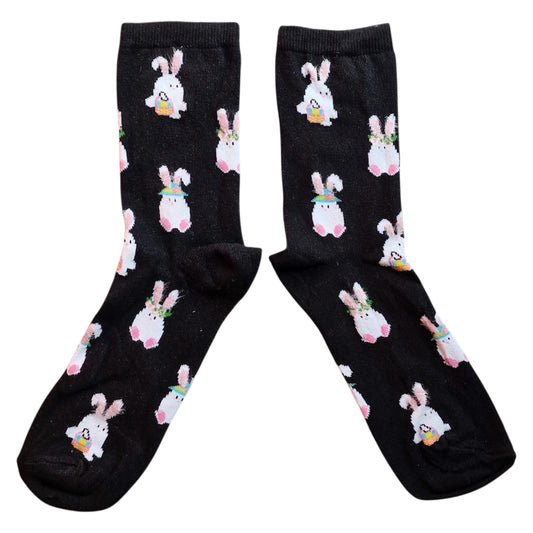 White Easter Bunny Rabbits In Bonnets With Baskets Design Ladies Socks