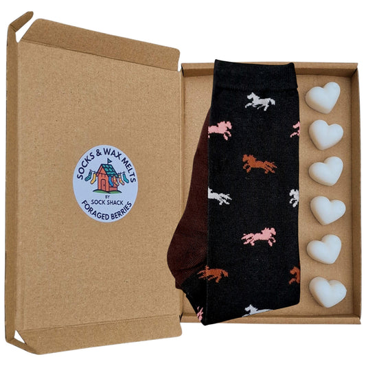 Equestrian Pattern Horse Enthusiast Ladies Black Boot Length Socks & Wax Melts Gift Set