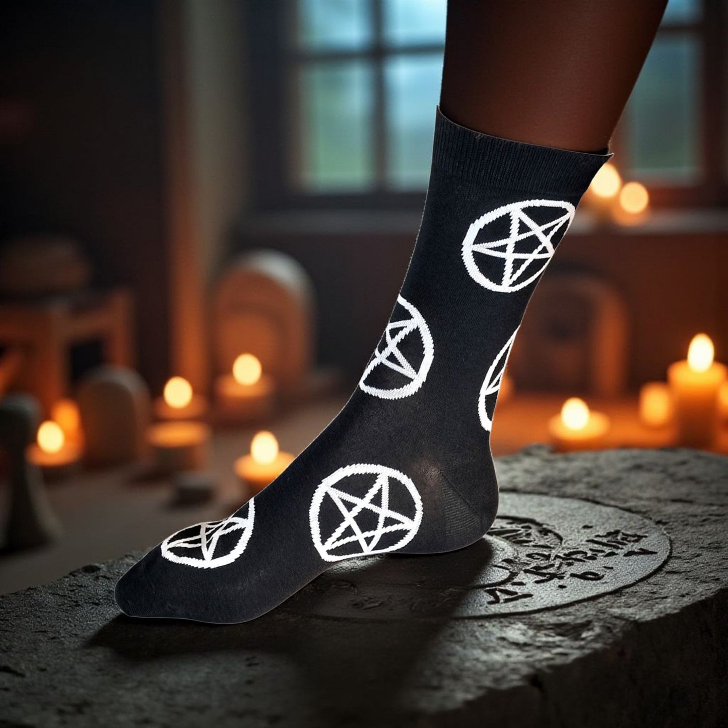 Occult Allure: Midnight Black With Magic White Pentagrams Ladies Socks