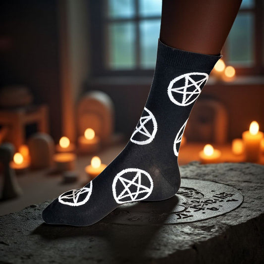 Occult Allure: Midnight Black With Magic White Pentagrams Ladies Socks