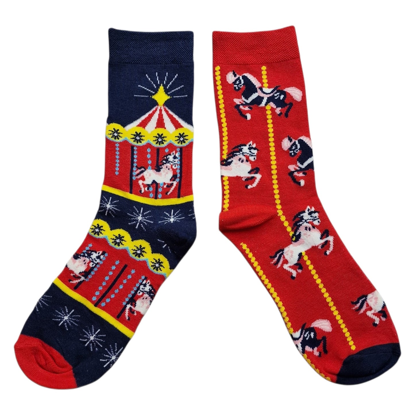 Carousel Magic Roundabout Fairground Horses Odd Ladies Red Blue Socks