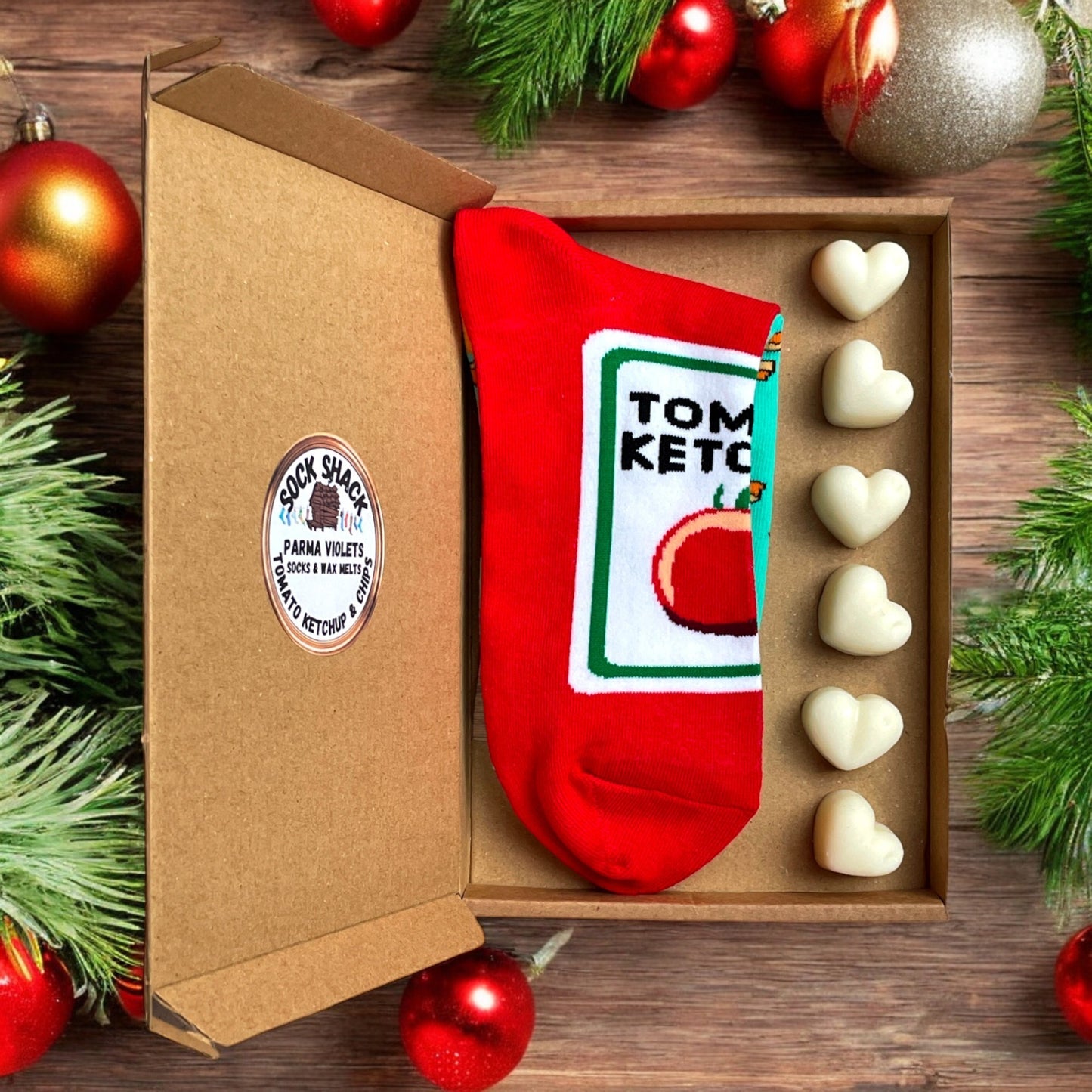 Geschenkset für Damen mit Tomatenketchup und Chips/Pommes-Frites-Socken und Duftwachs, Duftauswahl