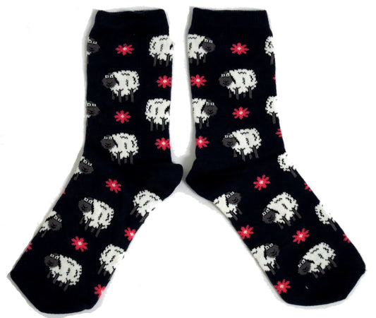 Flock Of Doe Eyed Docile Suffolk Sheep With Meadow Flowers Ladies Socks