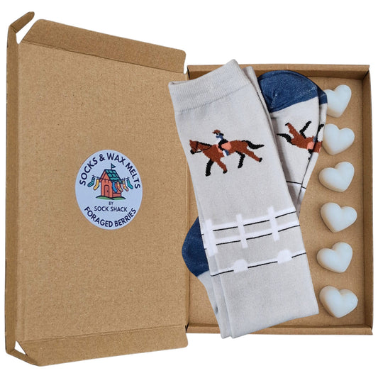 Equestrian Show Jumping Horse Racing Ladies Grey Boot Length Socks & Wax Melts Gift Set