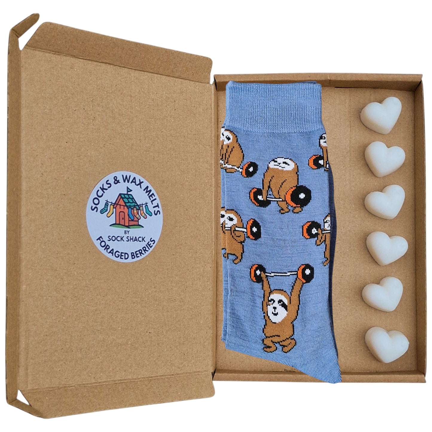 Weight Lifting Lazy Sloths Pumping Iron Ironic Mens Blue Socks & Wax Melts Gift Set