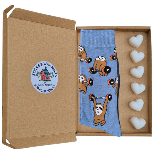 Weight Lifting Lazy Sloths Pumping Iron Ironic Mens Blue Socks & Wax Melts Gift Set