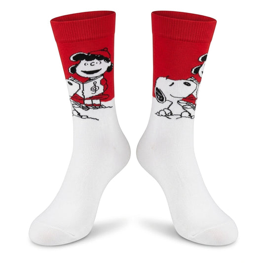 Snoopy & Lucy Christmas Carol Singing Festive Mens Red & White Socks
