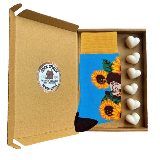 Van Gogh Sunflowers Artistic Masterpiece Mens Socks & Wax Melts Gift Set