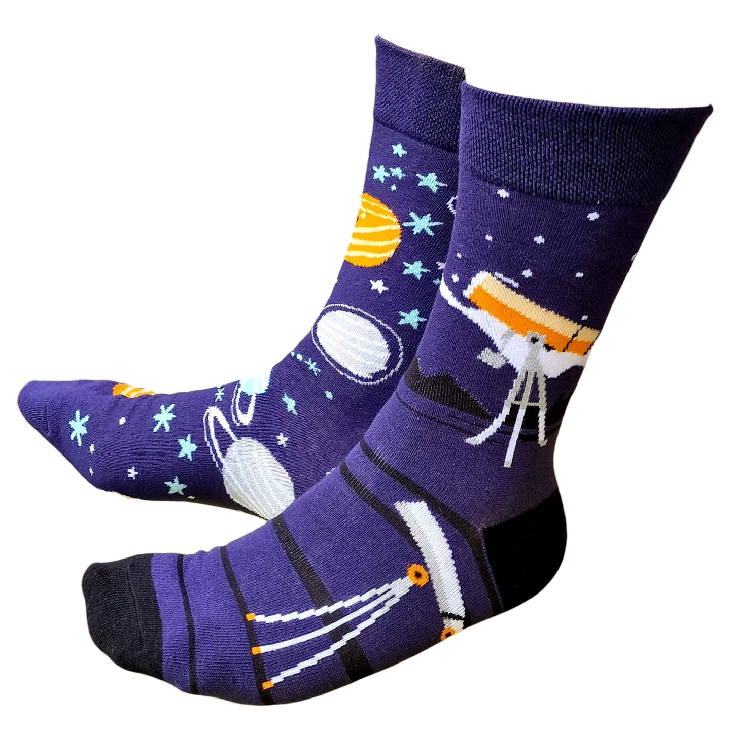 Astronomer Telescope Night Sky Saturn Jupiter Galaxy Mens Blue Socks