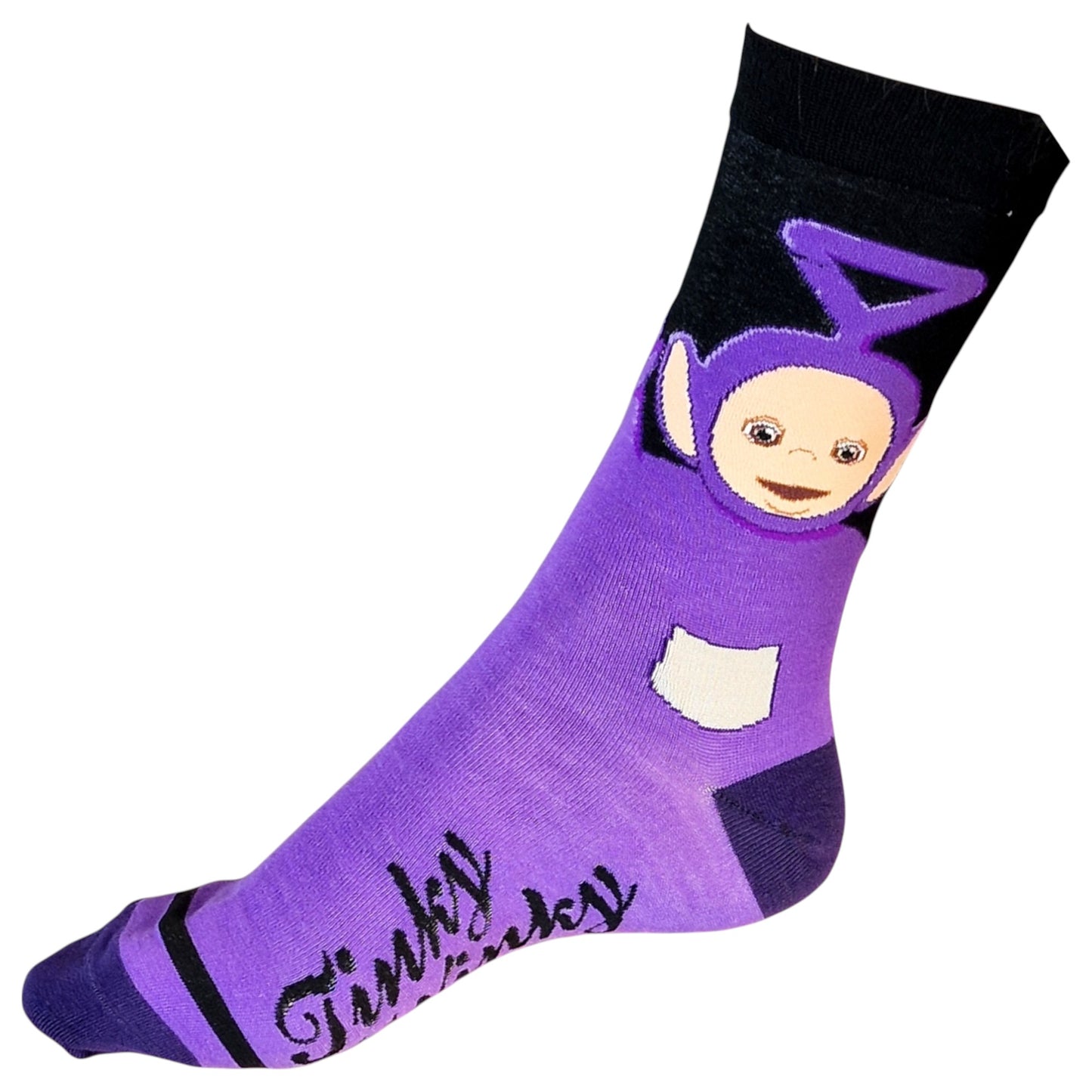 Teletubbies Tinky Winky: Purple Tubbytronic Travels Men's Black Socks