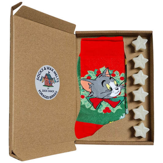 Tom & Jerry Cat & Mouse Trouble In Christmas Tree Ladies Red Socks & Wax Melts Gift Set