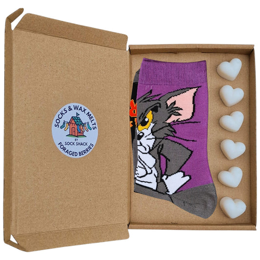 Tom & Jerry Crafty Cat Plotting Cartoon Feline Ladies Purple Socks & Wax Melts Gift Set