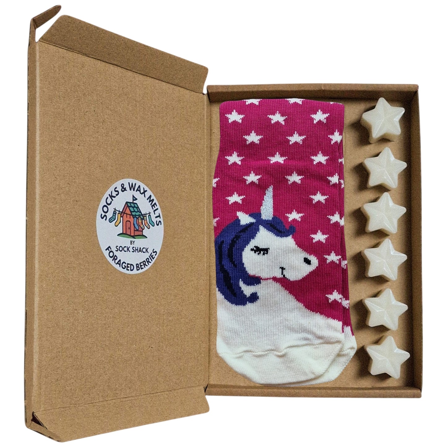 Smiling Sparkly Horned Magic Unicorn & Stars Magenta Ladies Socks Wax Melts Gift